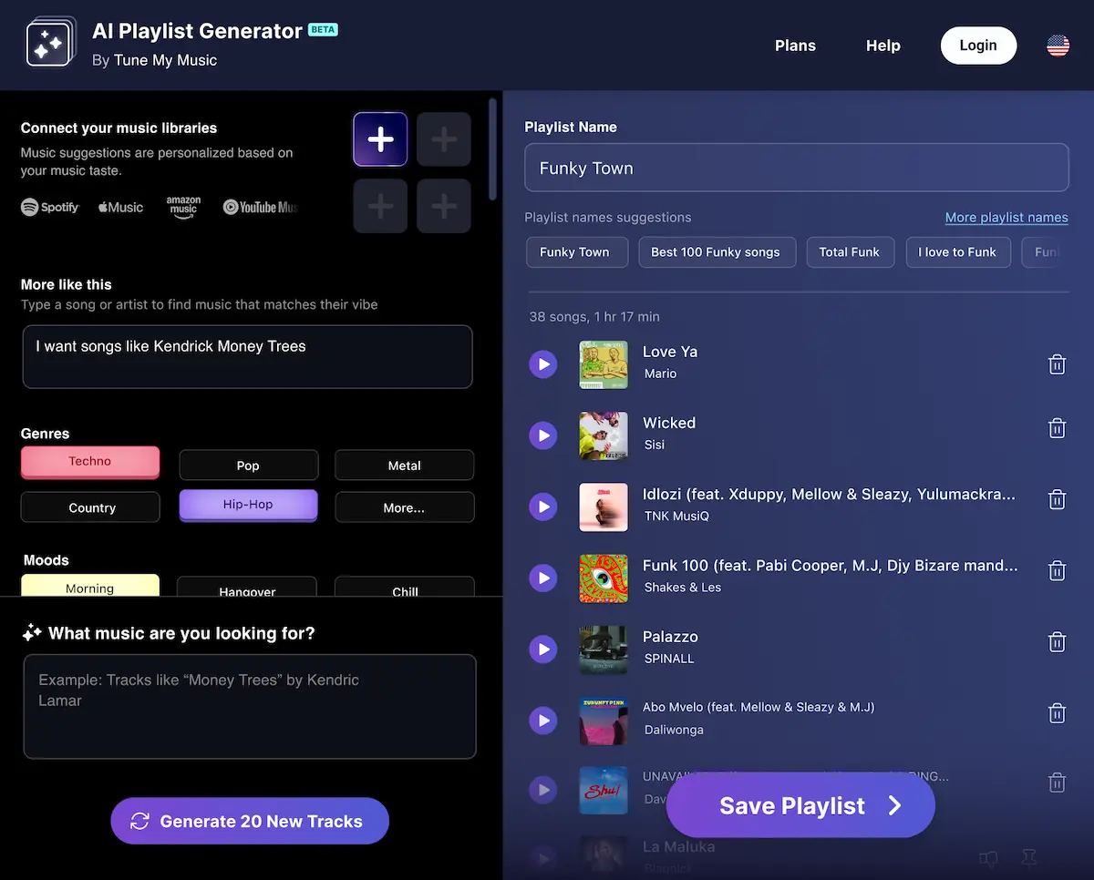 AI Playlist Generator Interface showing music library connections and playlist suggestions