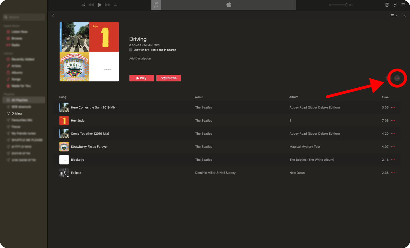 Click the three red dots above the playlist's tracks on the right side of the screen