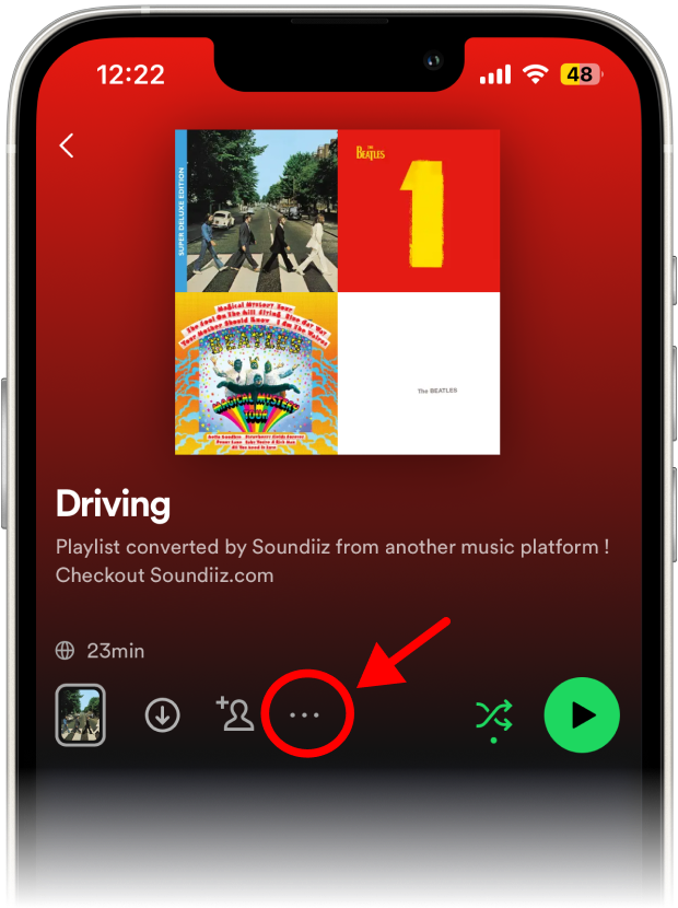 On the playlist page, press the three dots located between the profile icon and shuffle button